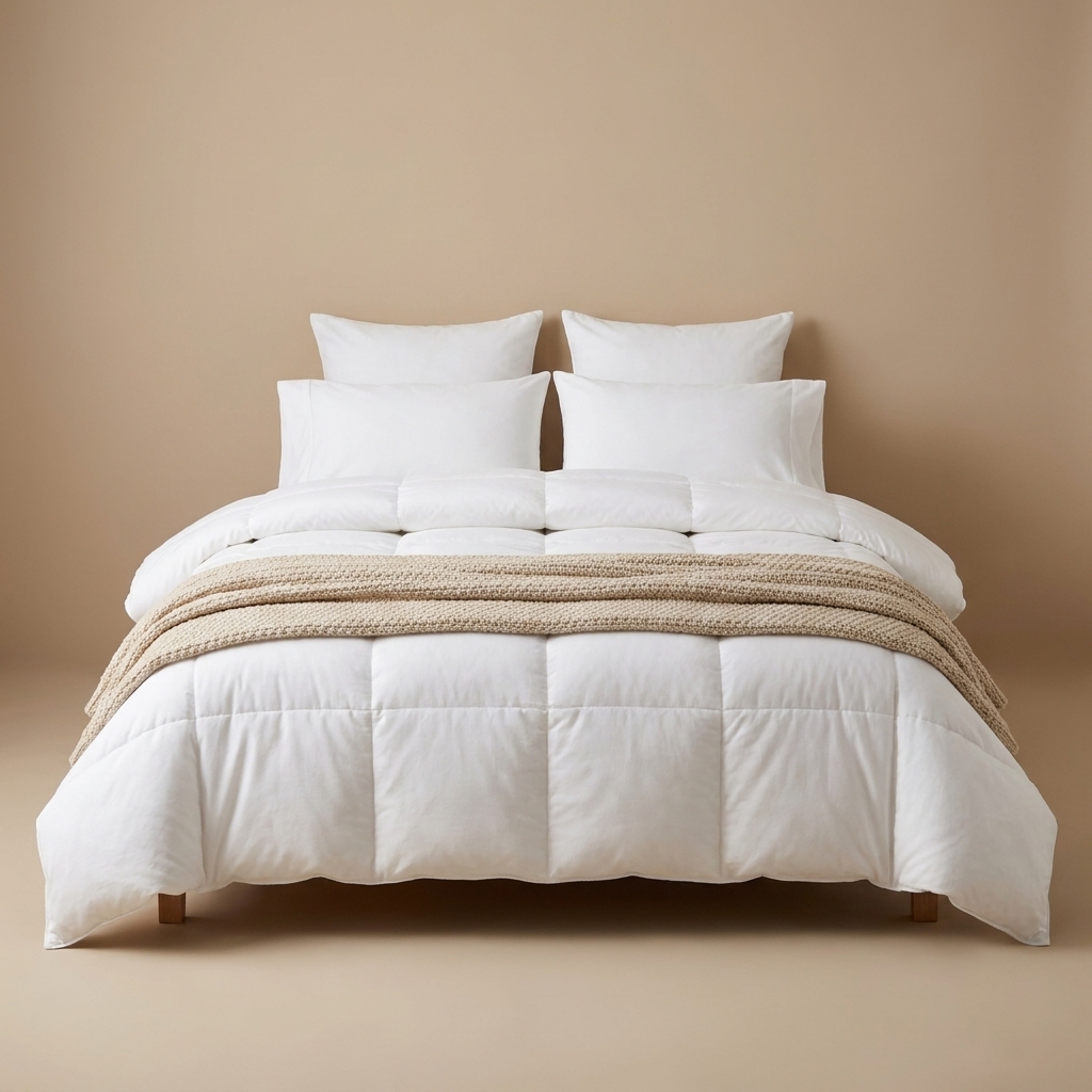A neatly made bed with a fluffy white duvet, four pillows, and a textured beige throw folded across the foot of the bed