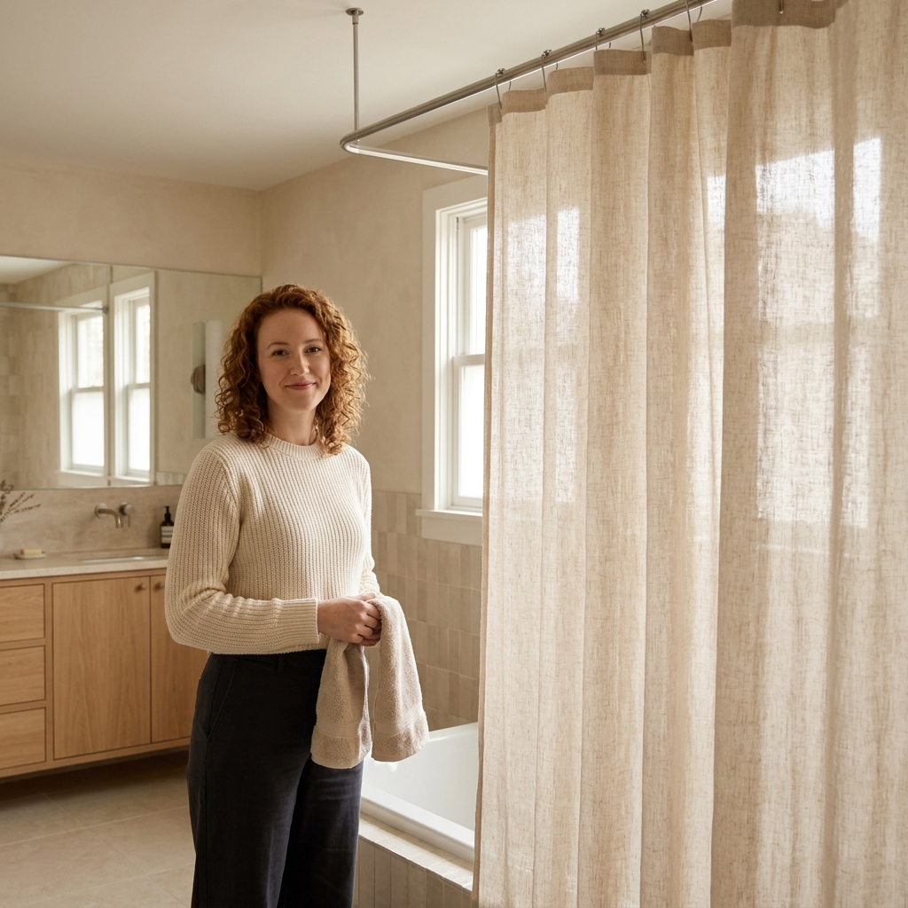 A neutral bathroom with a light linen shower curtain hung high on a simple rod, creating a soft, airy look