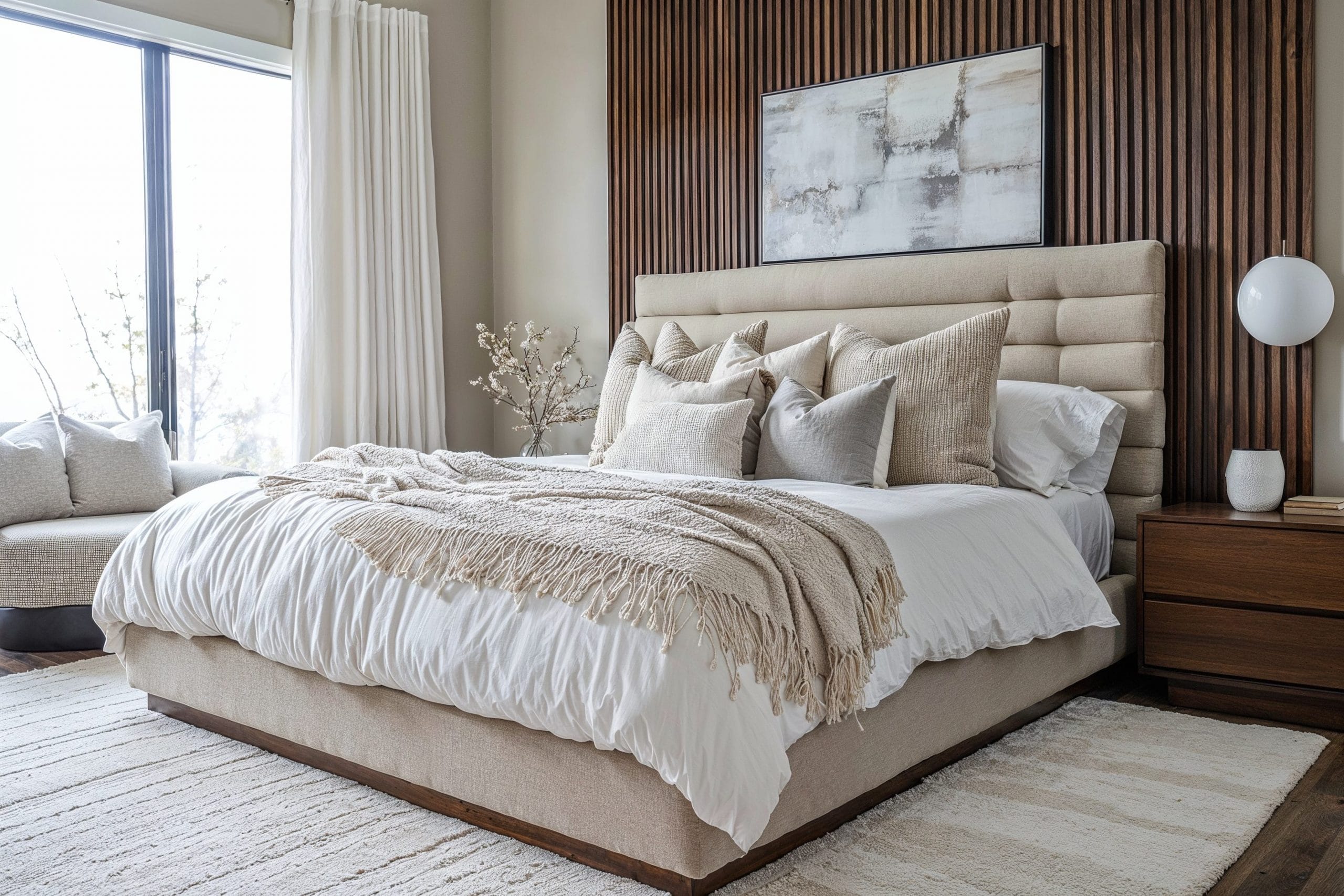 A neutral bedroom with layered bedding including crisp cotton sheets, a linen duvet, a textured quilt, and a knitted throw on the foot of the bed