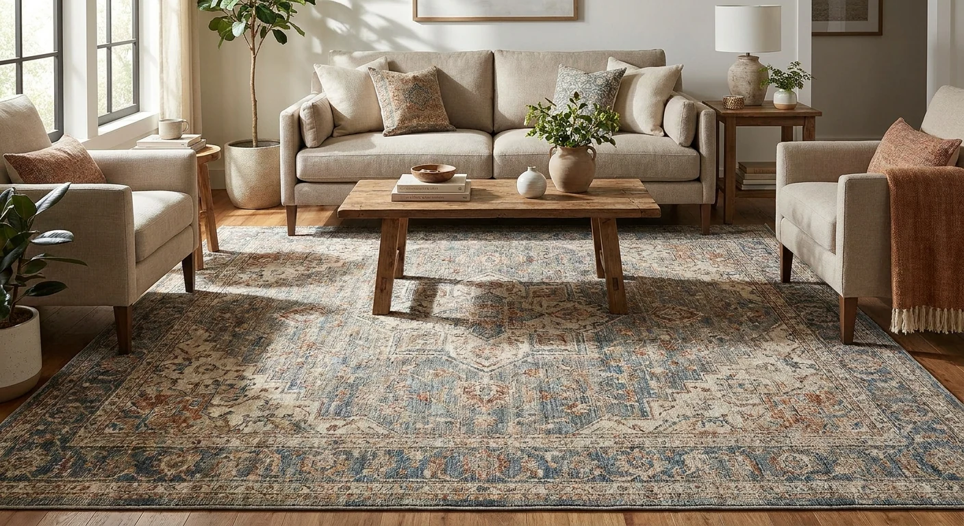 A neutral corner with a light linen sofa, a faded vintage rug in soft beige tones, and a woven basket holding a throw blanket