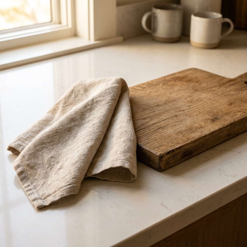 A neutral linen tea towel folded neatly beside a wooden cutting board on a clean kitchen counter with warm, natural light