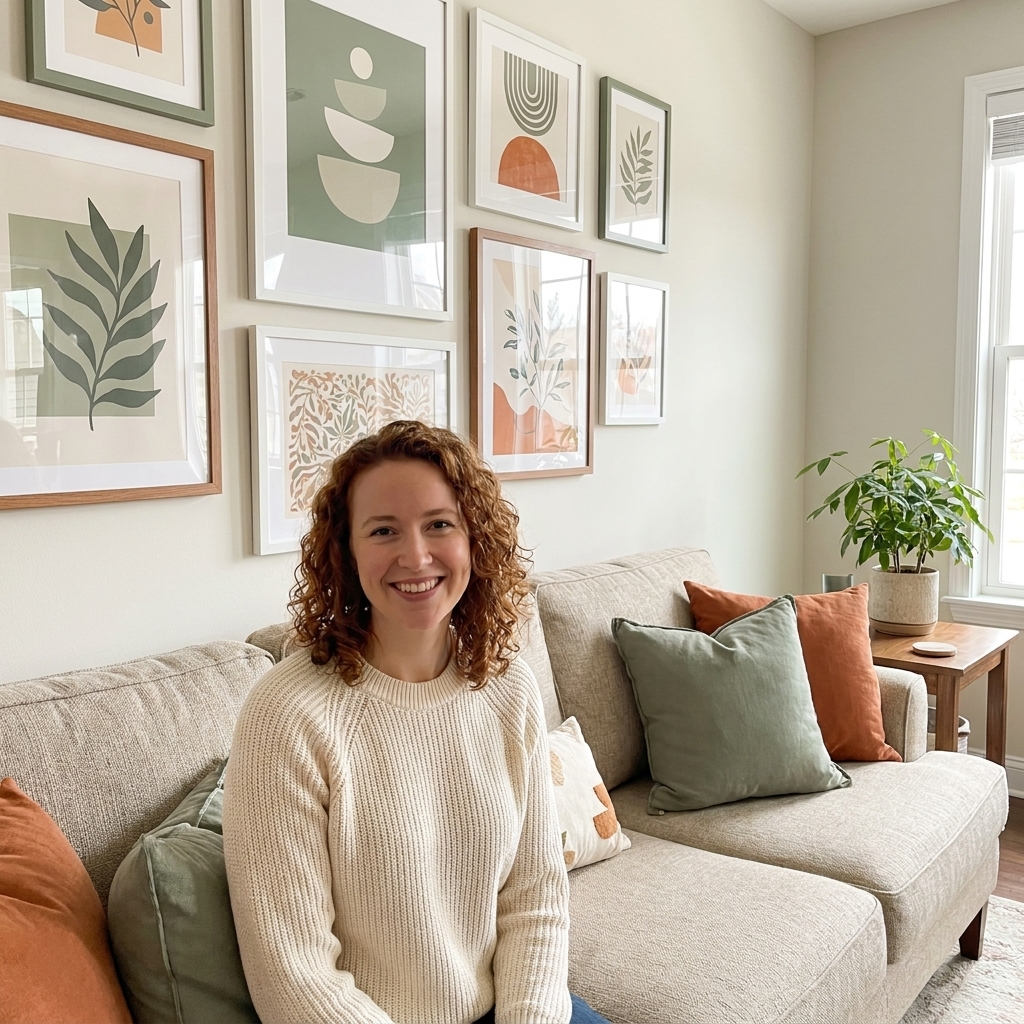 A neutral living room with a beige sofa and a curated gallery wall featuring a few art prints that echo the accent colors in the throw pillows