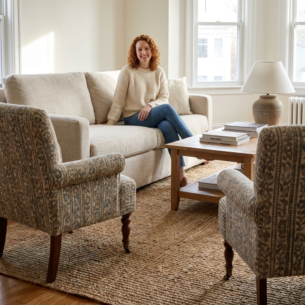 A neutral sofa with two accent chairs arranged on a large rug, with the front legs of all seating pieces sitting on the rug
