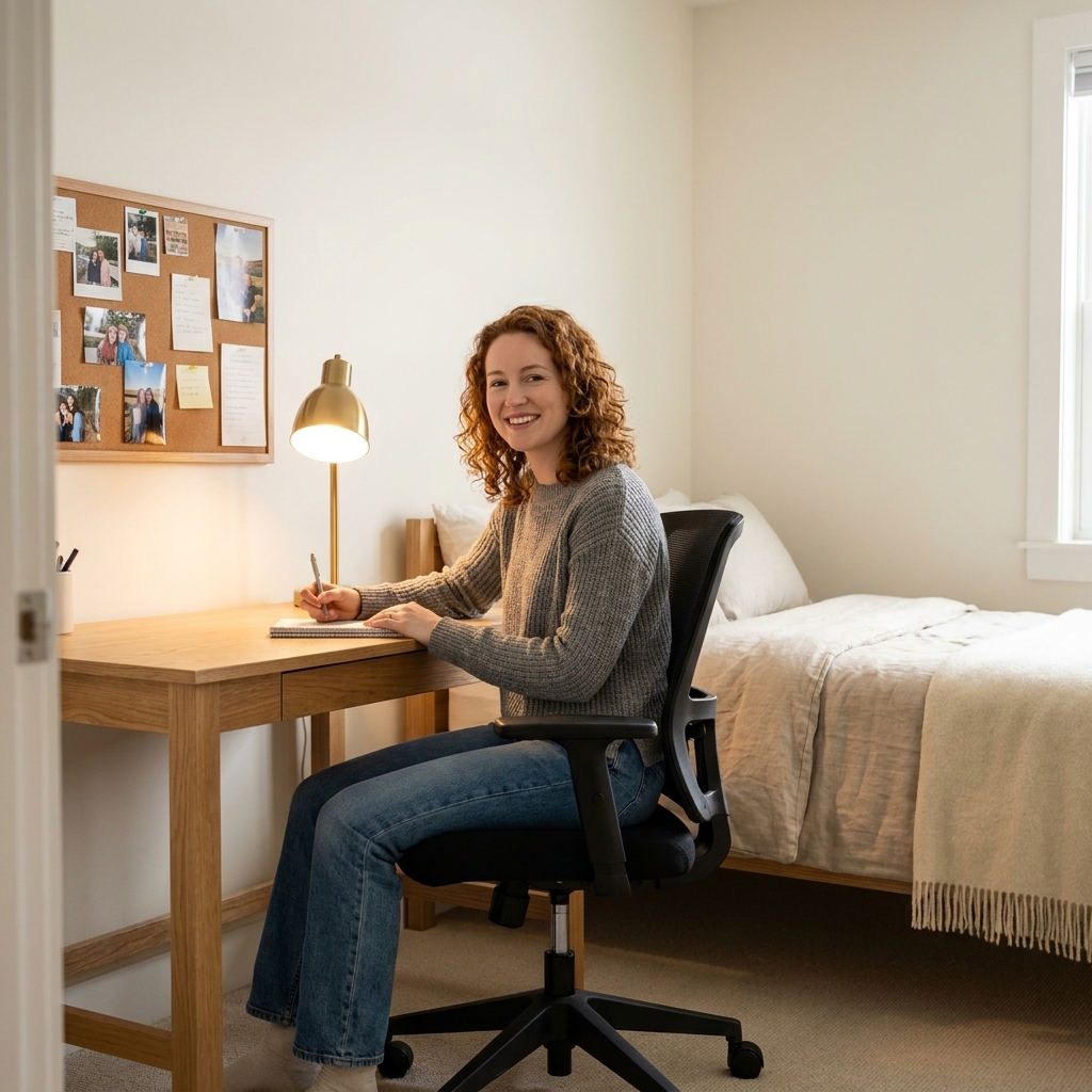 A neutral teen bedroom with a simple wood desk, an adjustable chair, a warm desk lamp, a corkboard above the desk, and layered bedding on a minimal bed