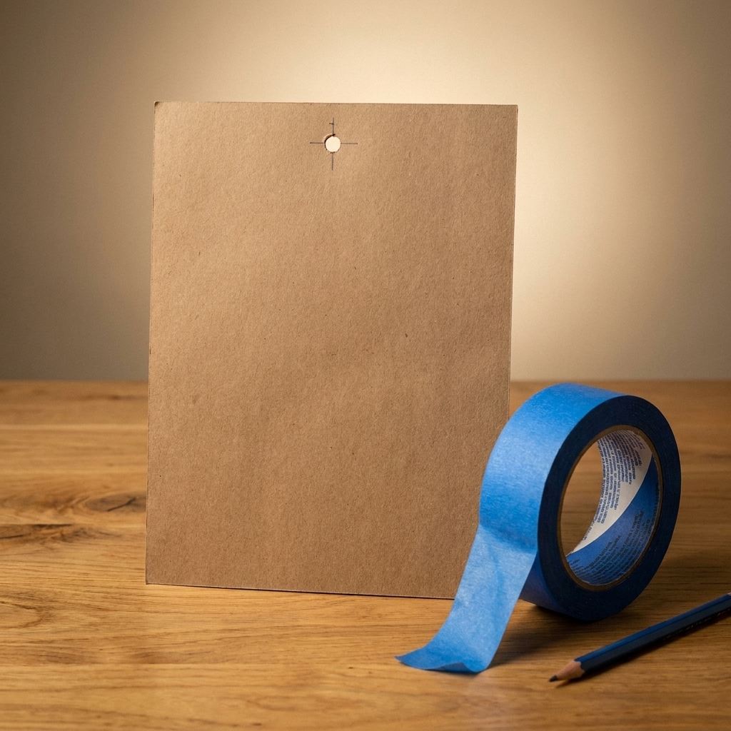 A paper template cut to the size of a frame, with a marked hanging point and a small punched hole, lying on a table beside painter’s tape