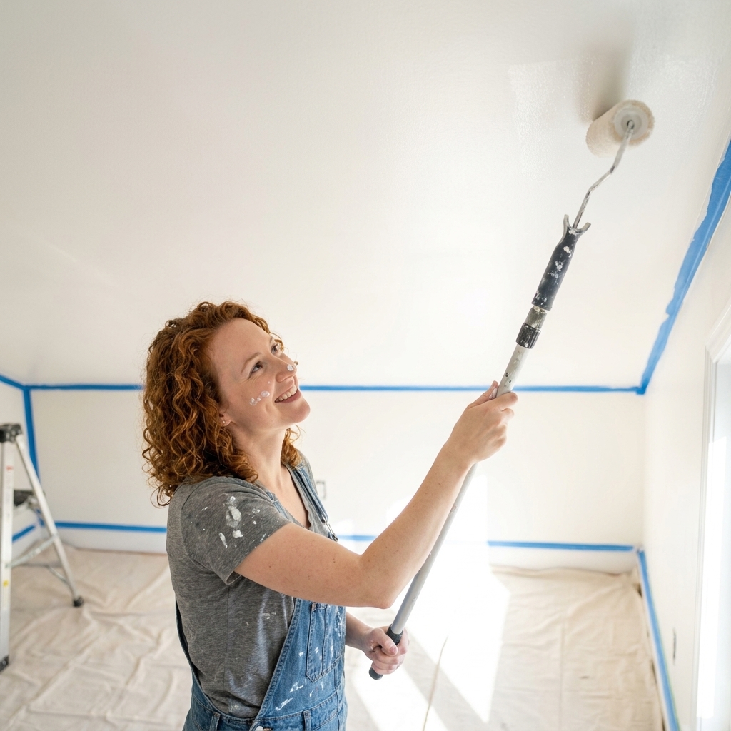 A person using a roller on an extension pole to paint a smooth ceiling in a bright room with drop cloths on the floor and taped edges along the walls
