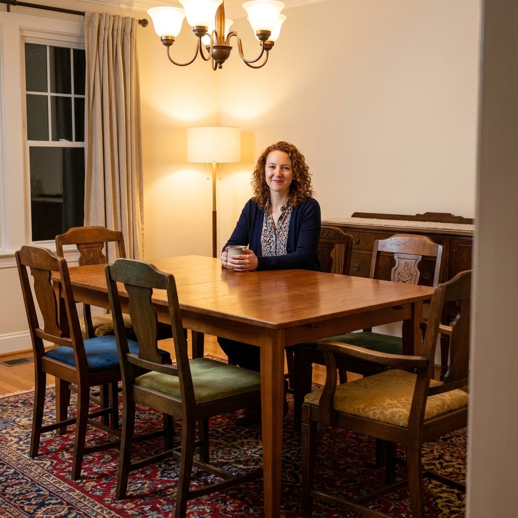 A real dining room with a patterned vintage-style rug under a wooden table, mismatched dining chairs in coordinating tones, and warm ambient lighting