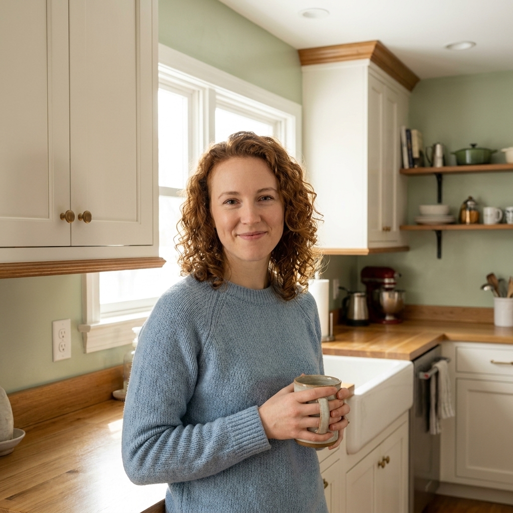 A real kitchen with soft natural light where the painted walls have a subtle satin sheen, showing a gentle glow near the window while cabinets and trim appear slightly shinier