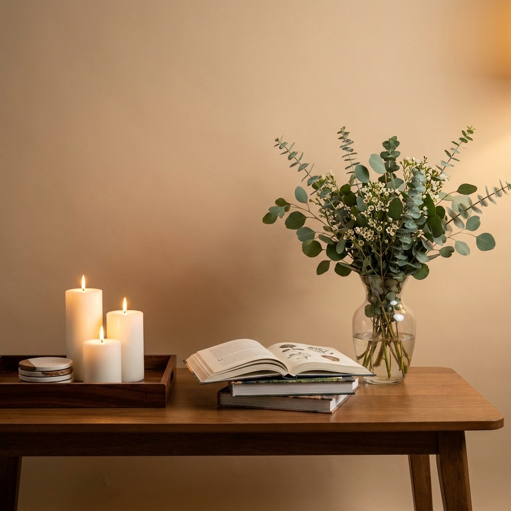 A rectangular coffee table styled with a tray of candles and coasters on one end, a low stack of books in the center, and a simple vase with greenery on the other end