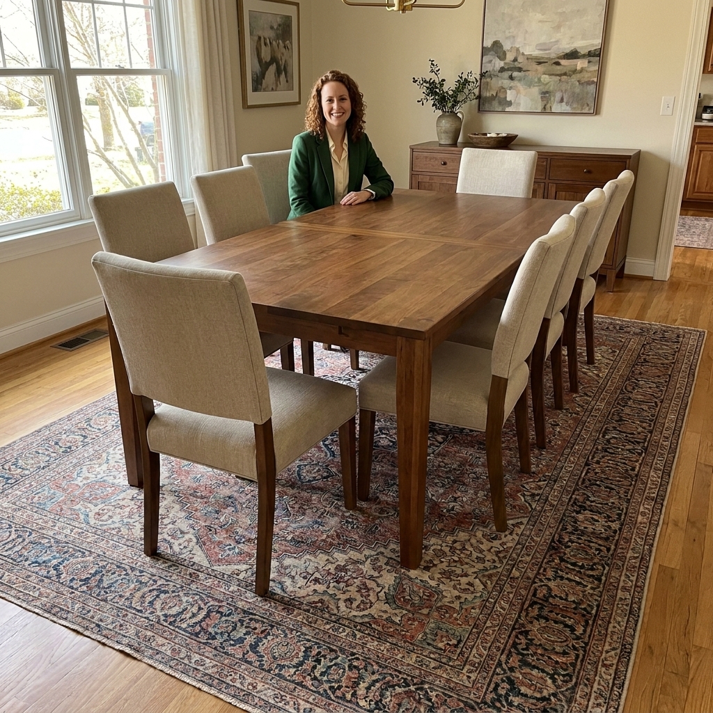 A rectangular dining table centered on a large rug with chairs pulled out slightly, showing the rug extending well beyond the chair legs on every side