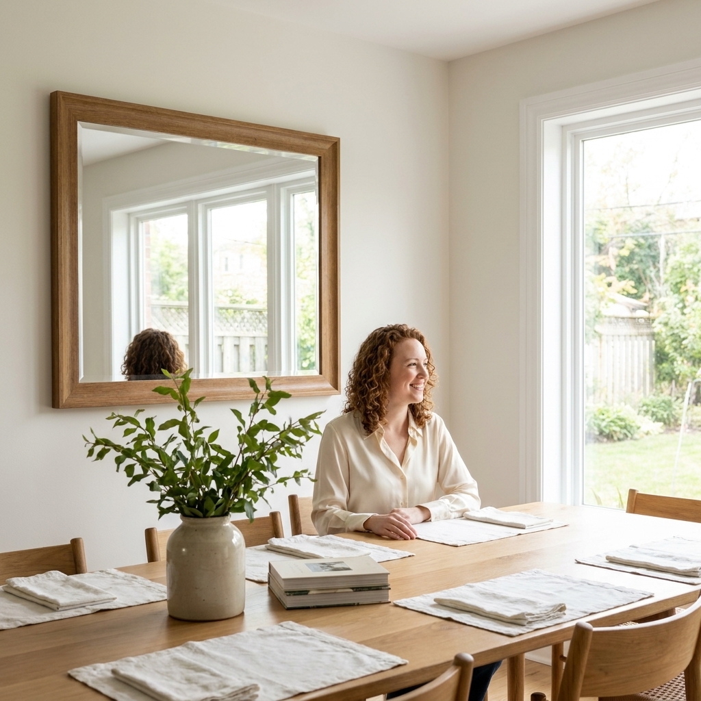 A rectangular wall mirror hung opposite a large dining room window, reflecting daylight onto a wooden table with simple white linens