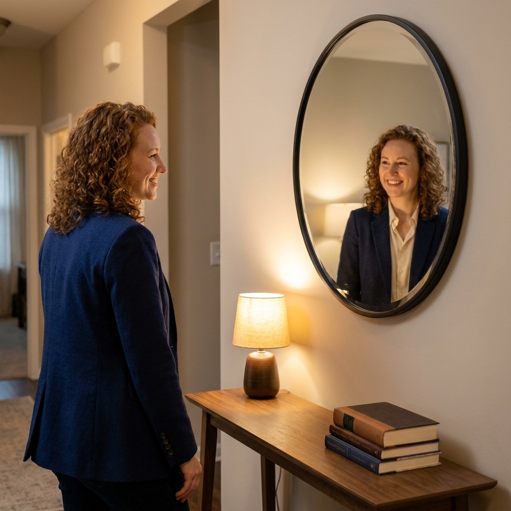 A round black-framed mirror hung above a slim entryway console table with a lamp and a small stack of books