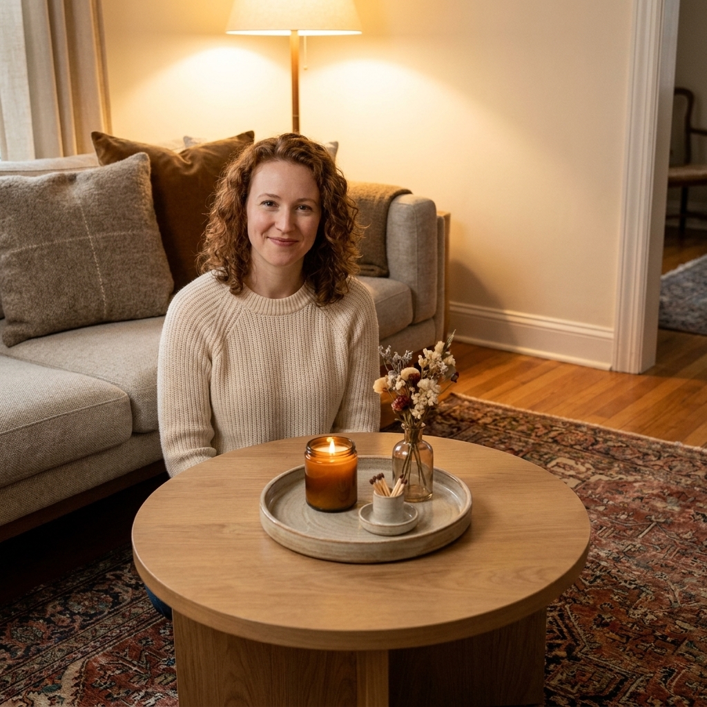 A round coffee table with a round tray holding a candle, match holder, and small vase, photographed in a cozy living room with textured throw pillows and a vintage rug