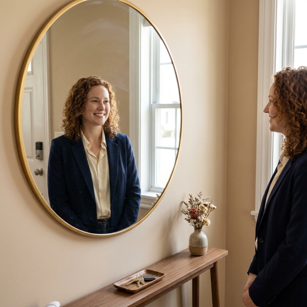 A round mirror hanging above a very slim console table in a tight foyer, reflecting soft daylight and making the hallway feel wider