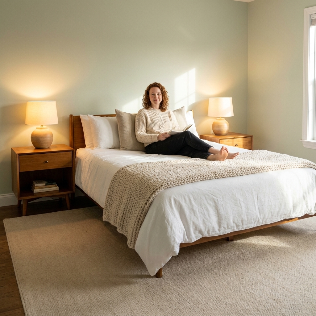 A serene bedroom with a queen bed centered on an 8x10 area rug that extends on both sides and at the foot, with matching nightstands and warm bedside lamps