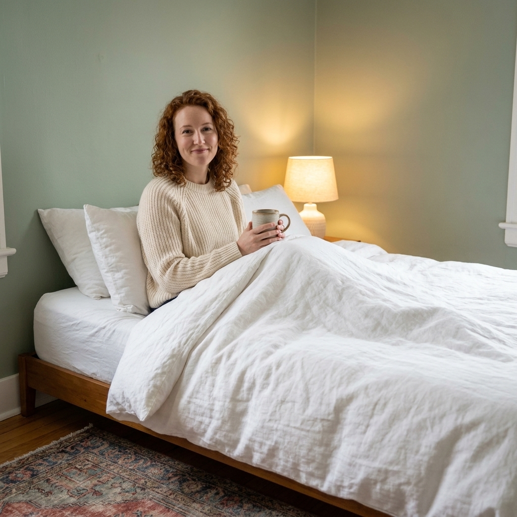 A serene bedroom with soft sage green walls, white linen bedding, a vintage rug in muted tones, and warm bedside lighting
