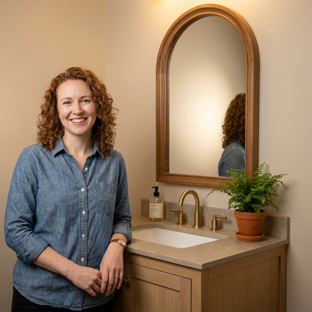 A simple bathroom vanity with an arched wood-framed mirror above it and a neutral countertop styled with a small plant