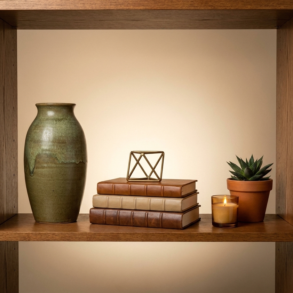 A single bookshelf shelf styled in a triangular composition with a tall ceramic vase on the left, a medium stack of books with a small object in the middle, and a low candle and small plant on the right