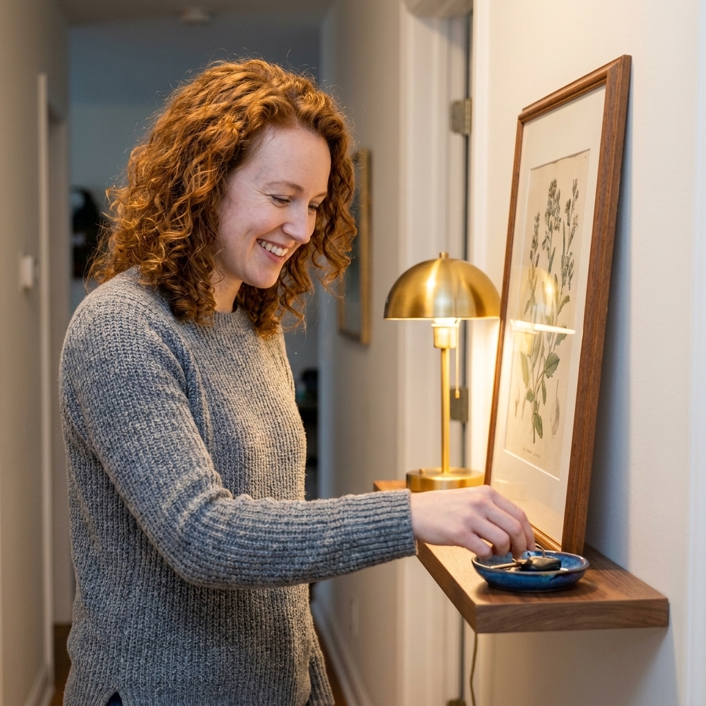 A slim floating shelf in a narrow hallway entry with a small ceramic dish for keys, a leaning framed print, and a compact table lamp