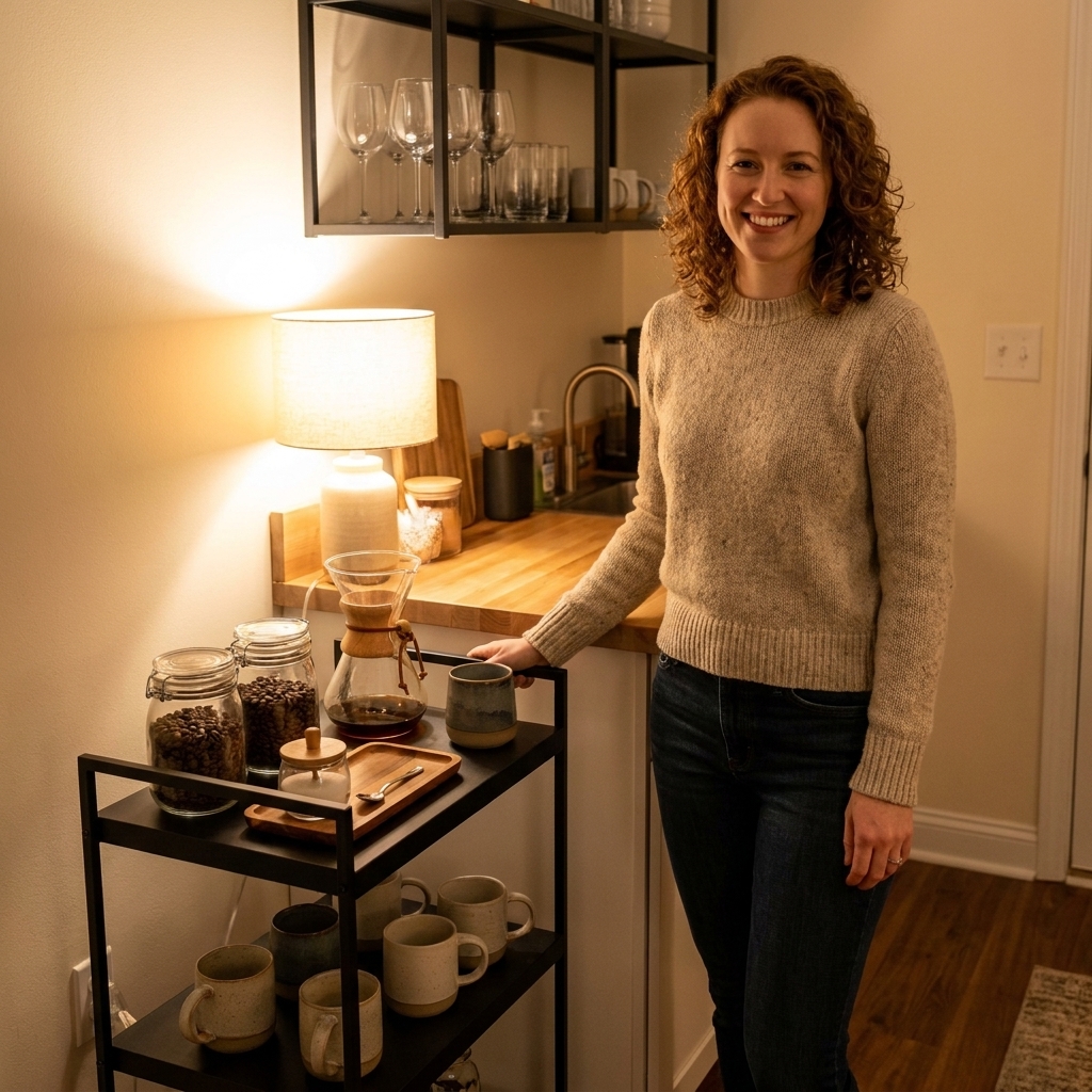 A slim metal rolling cart beside a kitchenette holding coffee supplies and glassware, styled neatly with a small tray and warm light