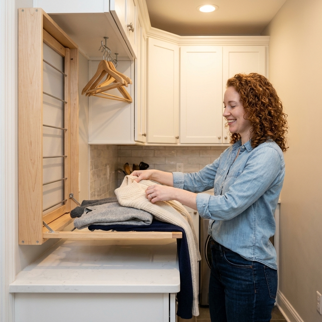A slim wall-mounted fold-out drying rack installed above a countertop in a narrow laundry room, with a few sweaters laid flat and hangers nearby