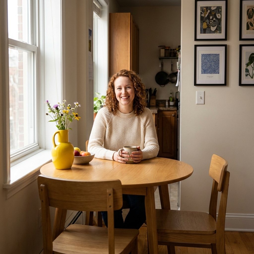 A small apartment dining nook with a round wood table, simple chairs, and a ceramic vase as a bright accent on the tabletop