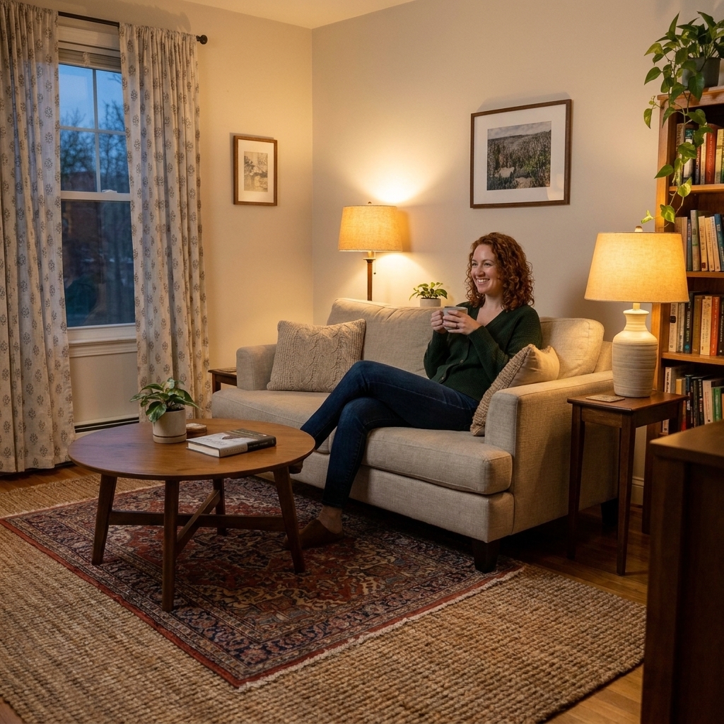 A small apartment living room with a compact sofa, a round coffee table, layered rugs, and warm ambient lighting from two lamps, with evening light filtering through curtains.