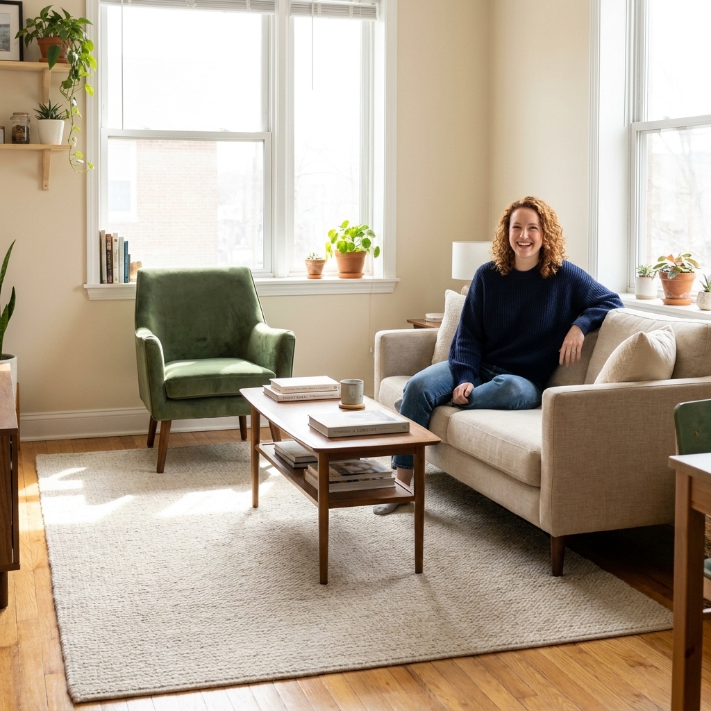A small apartment living room with a compact sofa, one accent chair, a slim coffee table, and a light area rug that keeps the space open and airy