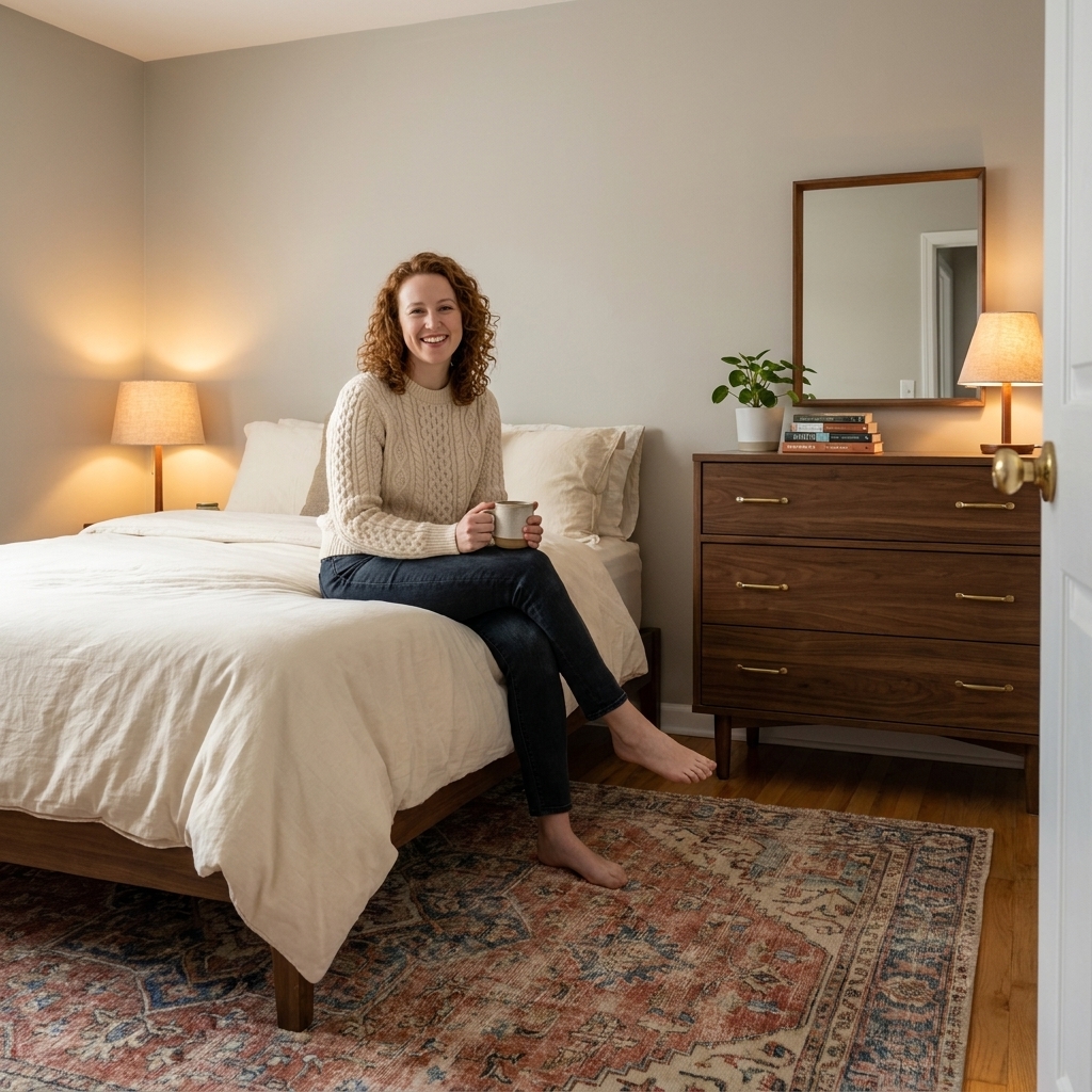 A small bedroom painted light greige with warm bedside lighting, cream bedding, a walnut dresser, and a textured vintage-style rug