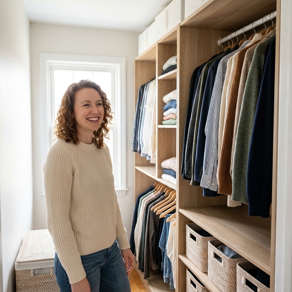 A small bedroom showing a tidy open closet system with hanging space, shelves, and bins, allowing the room itself to stay uncluttered and spacious