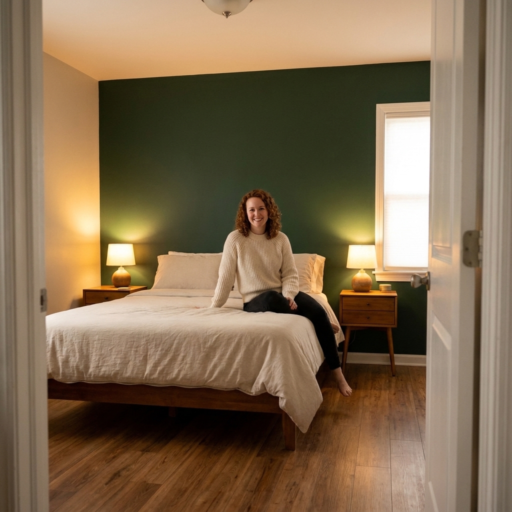 A small bedroom with a bed centered on a solid wall, two compact nightstands, warm bedside lamps, and a clear path from the door to the bed