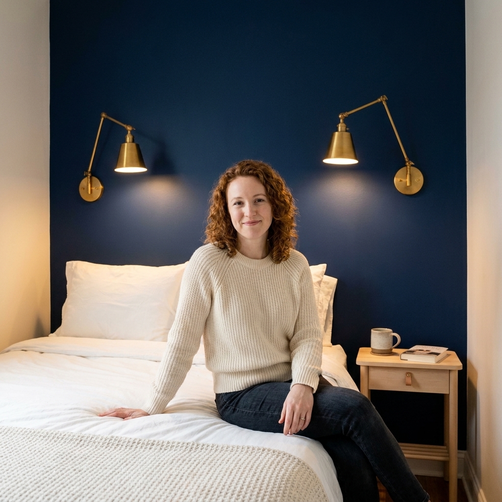 A small bedroom with a deep navy accent wall behind the bed, warm brass sconces, white bedding, and a light wood nightstand