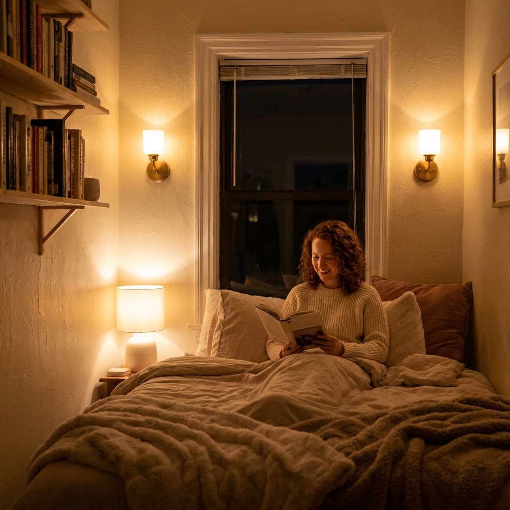 A small bedroom with warm layered lighting including wall sconces and a soft bedside lamp glow, creating a cozy spacious feel at night