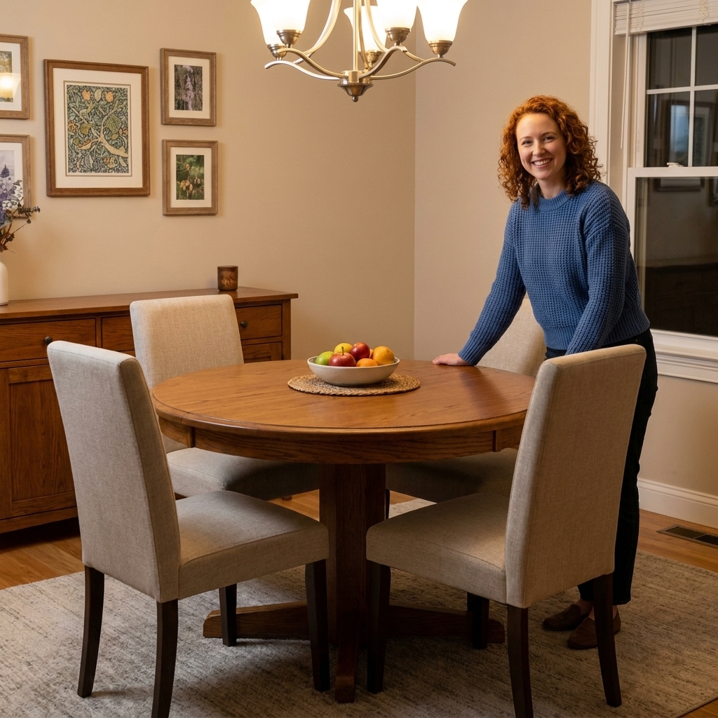 A small dining area with a 48-inch round table, four chairs, and clear walking space between the chair backs and the nearby wall