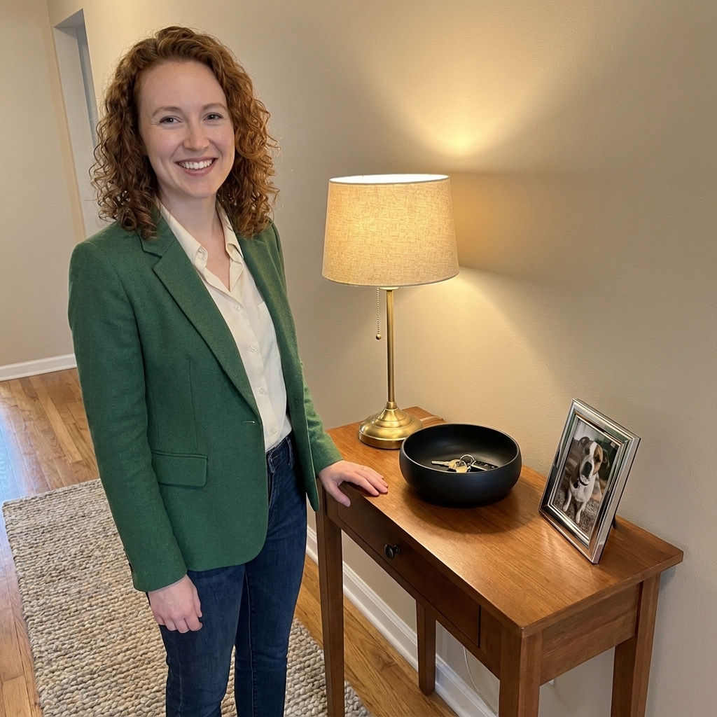 A small entryway table styled with a brass table lamp, a matte black bowl for keys, and a chrome framed photo beside a textured runner rug