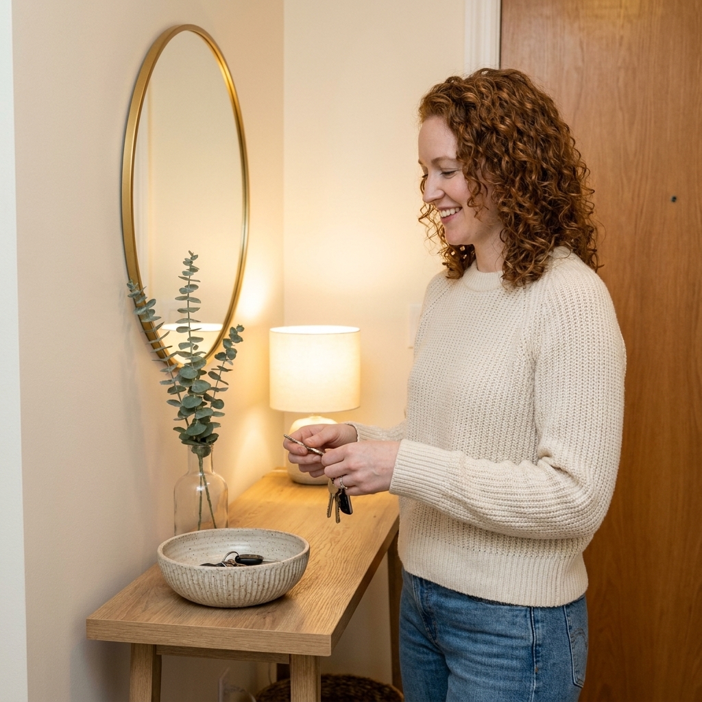 A small entryway with a narrow console table styled with a ceramic bowl for keys, a simple vase with one seasonal stem, a round mirror above, and a warm table lamp