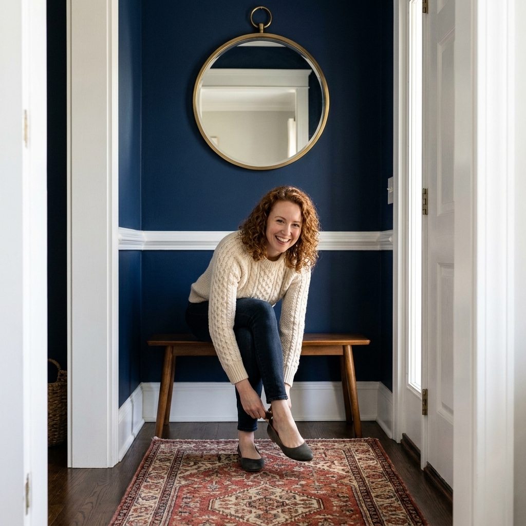 A small foyer painted deep navy with crisp white trim, a round mirror, a narrow bench, and a patterned rug in warm reds and creams