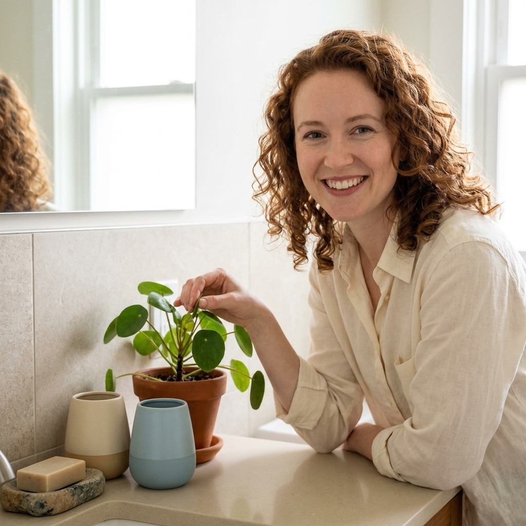 A small green plant on a bathroom counter next to matte ceramic containers and a simple stone soap dish