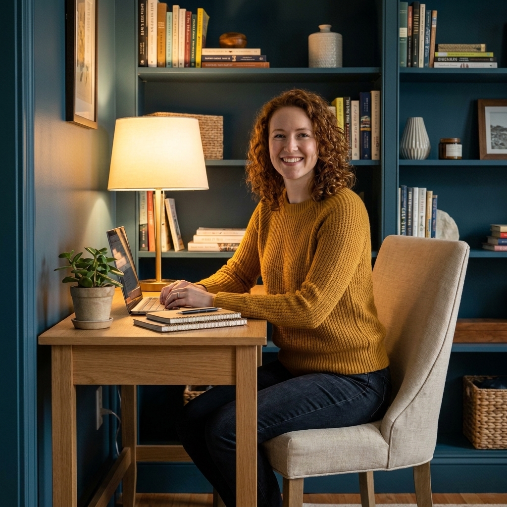 A small home office with deep blue-green walls and matching trim, a simple wood desk, a linen chair, and warm table lamp light
