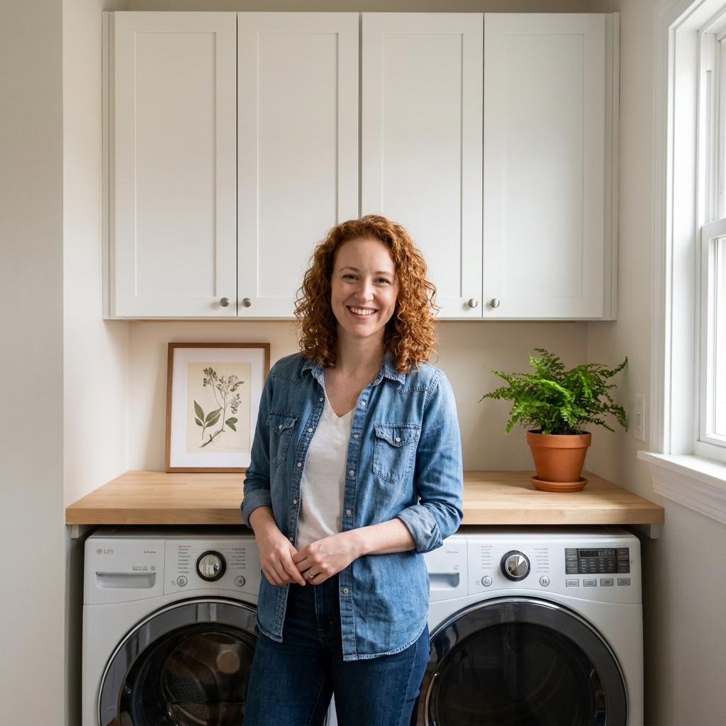 A small laundry room with closed white upper cabinets above a washer and dryer, a light wood countertop, and minimal decor including a small plant and a framed print