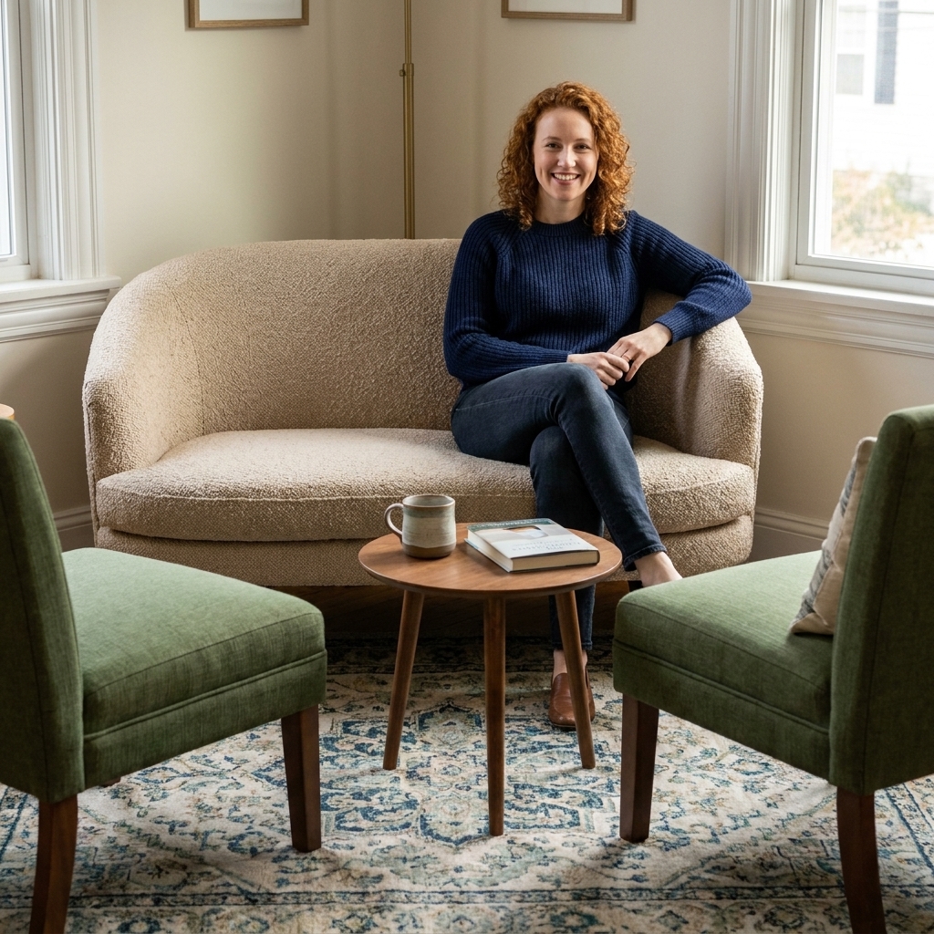 A small living room conversation area with a loveseat, two armless chairs, and a compact round coffee table on a patterned rug