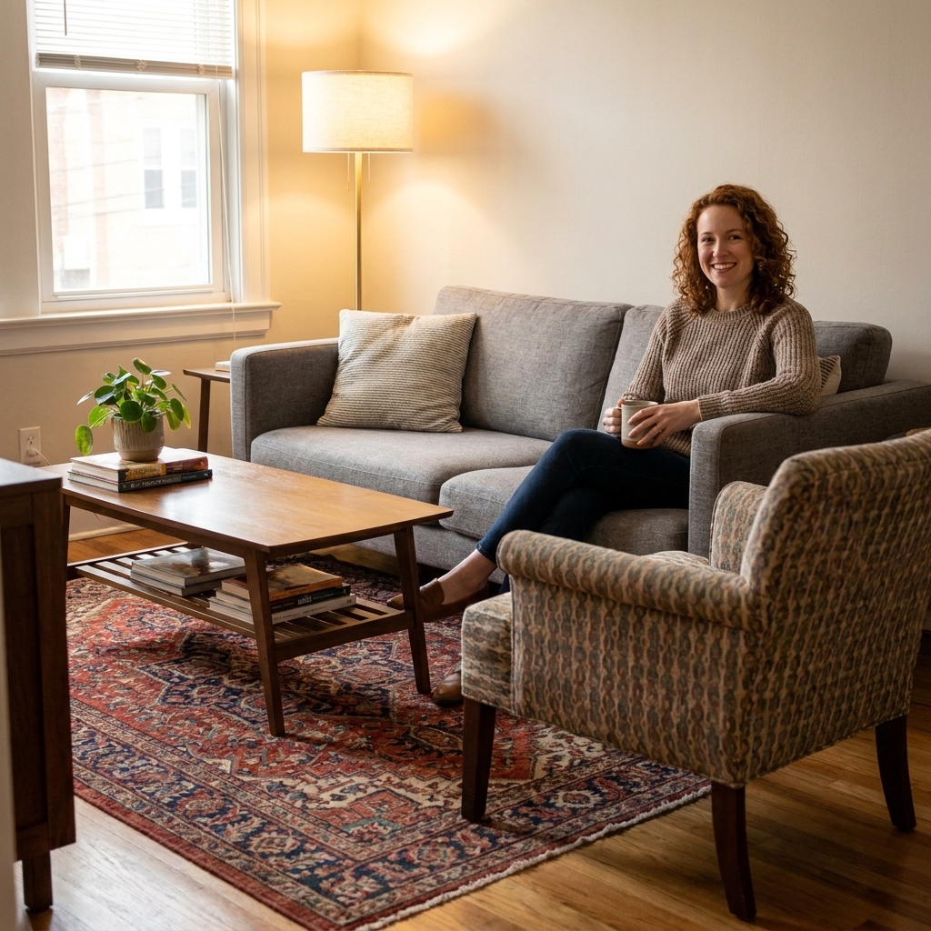 A small living room with a low-pile vintage rug placed under the front legs of a sofa and an accent chair, defining a cozy seating zone