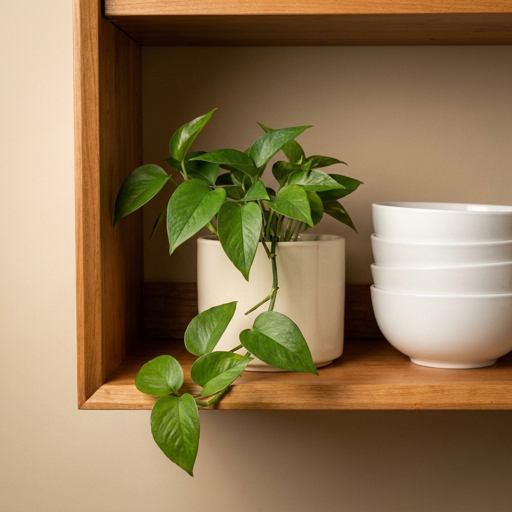 A small pothos plant in a simple ceramic pot trailing gently from the edge of a wooden open kitchen shelf beside stacked white bowls