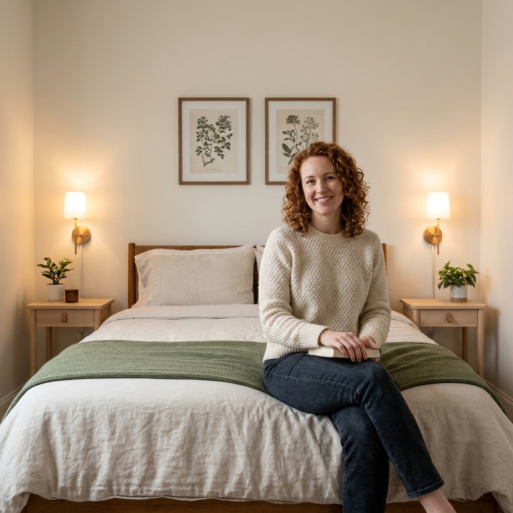 A small primary bedroom with a queen bed centered on the main wall, two narrow nightstands, and matching wall sconces creating an airy, symmetrical look