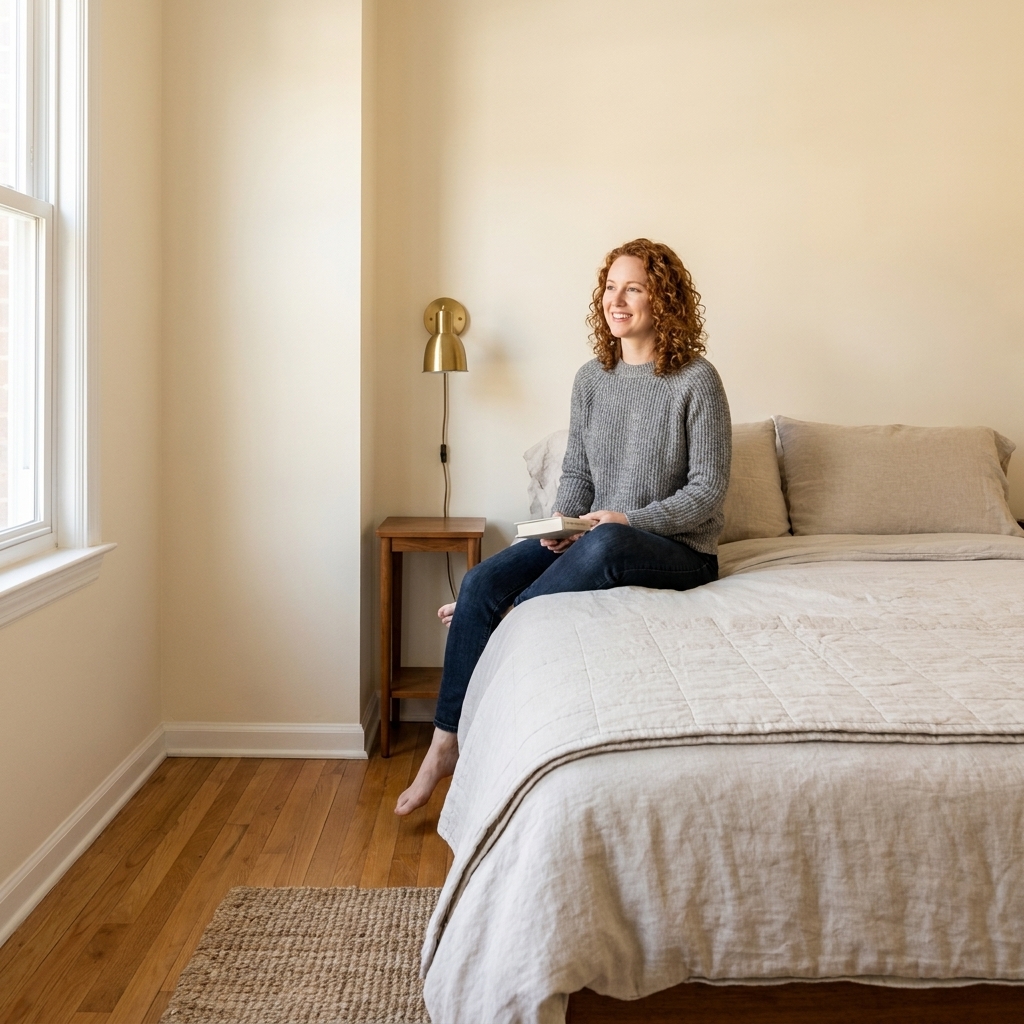 A small primary bedroom with a queen bed tucked into a corner, one slim nightstand, and a wall-mounted reading light, leaving a clear open floor area