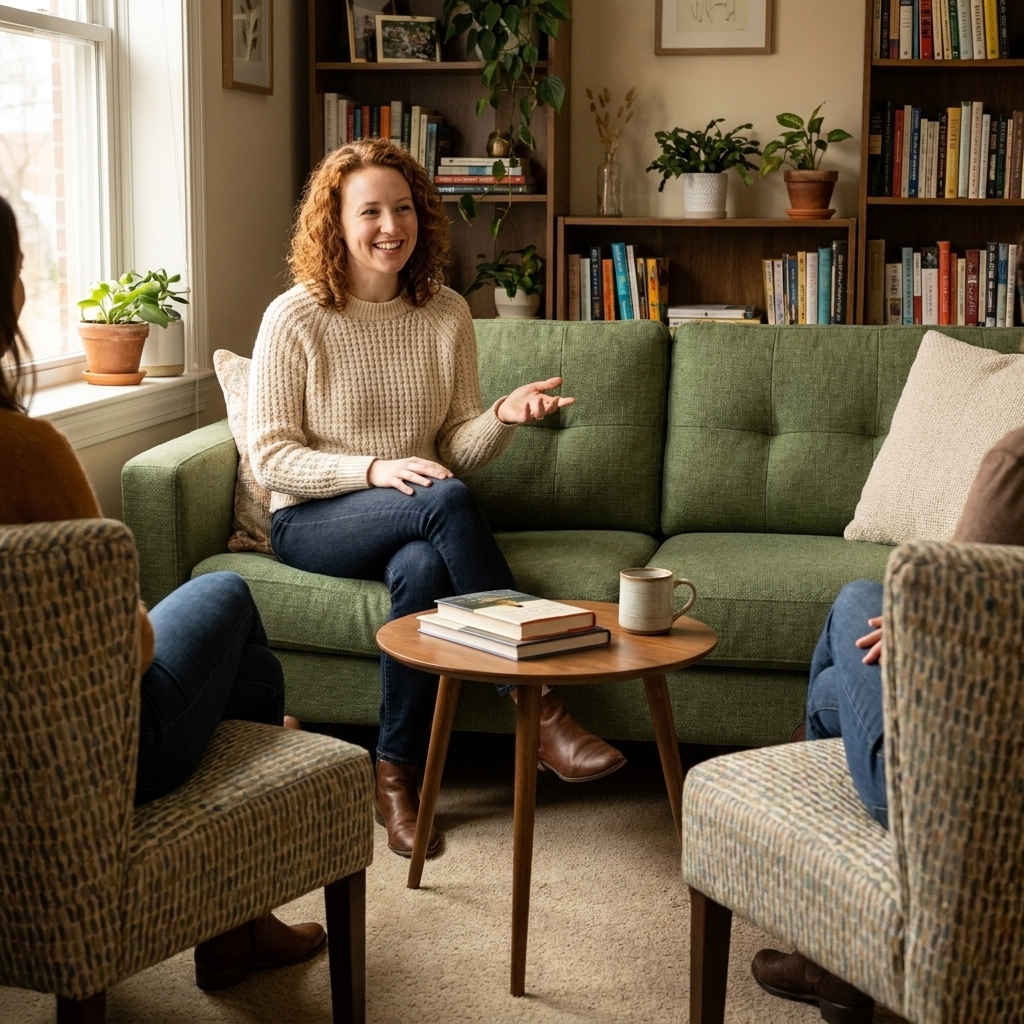 A small rectangular living room with a sofa on one side and two compact accent chairs opposite, creating a cozy conversation grouping around a small round coffee table