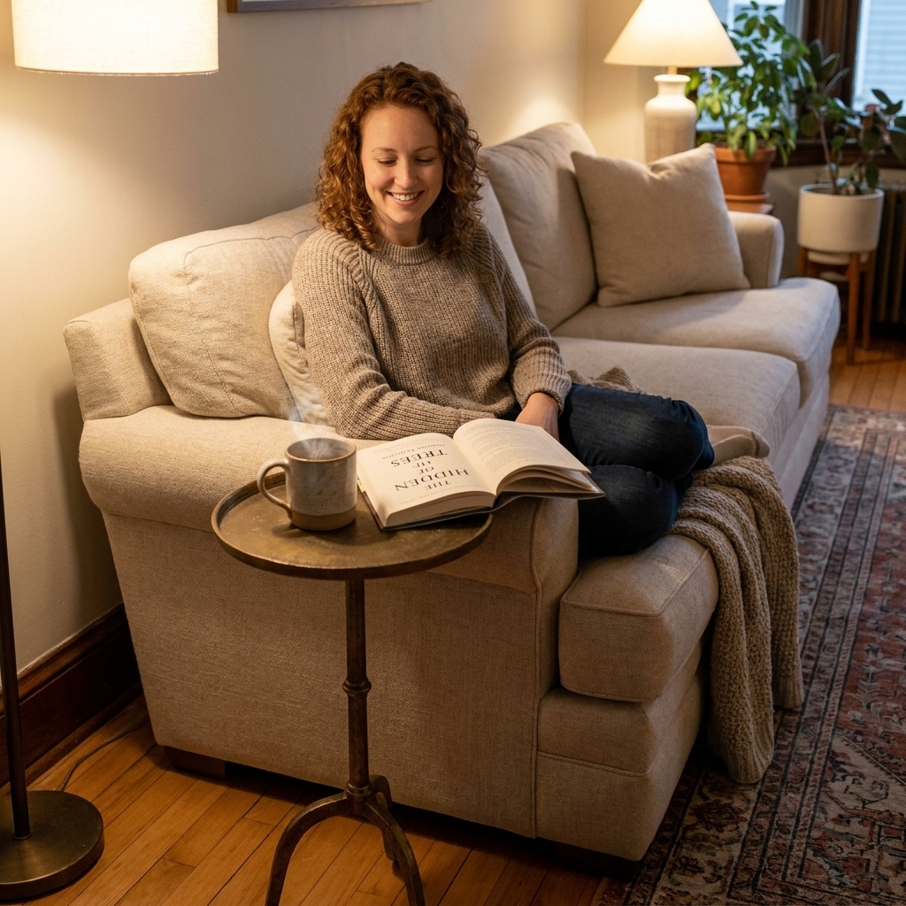 A small round metal accent side table beside a sofa holding a mug and a book in a cozy living room