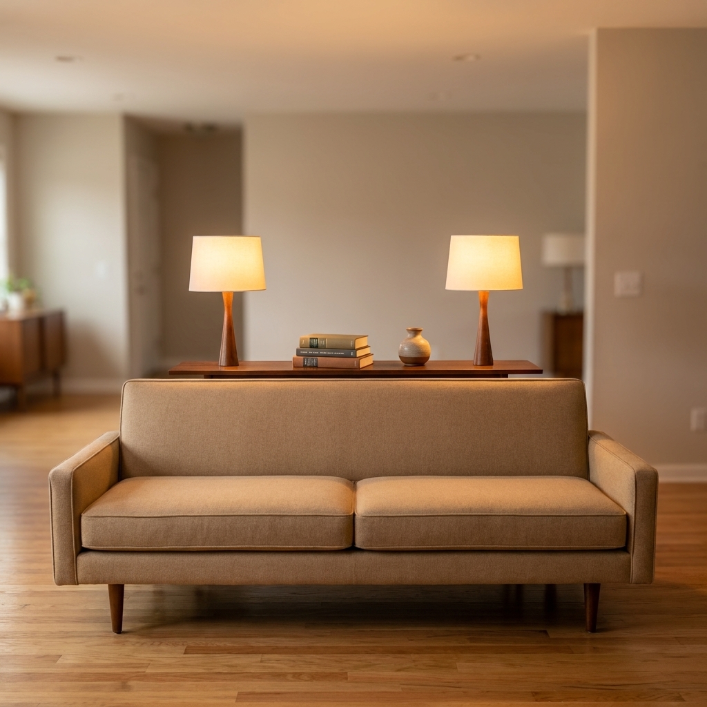 A sofa floating in an open concept room with a slim console table behind it, styled with two table lamps and a few books