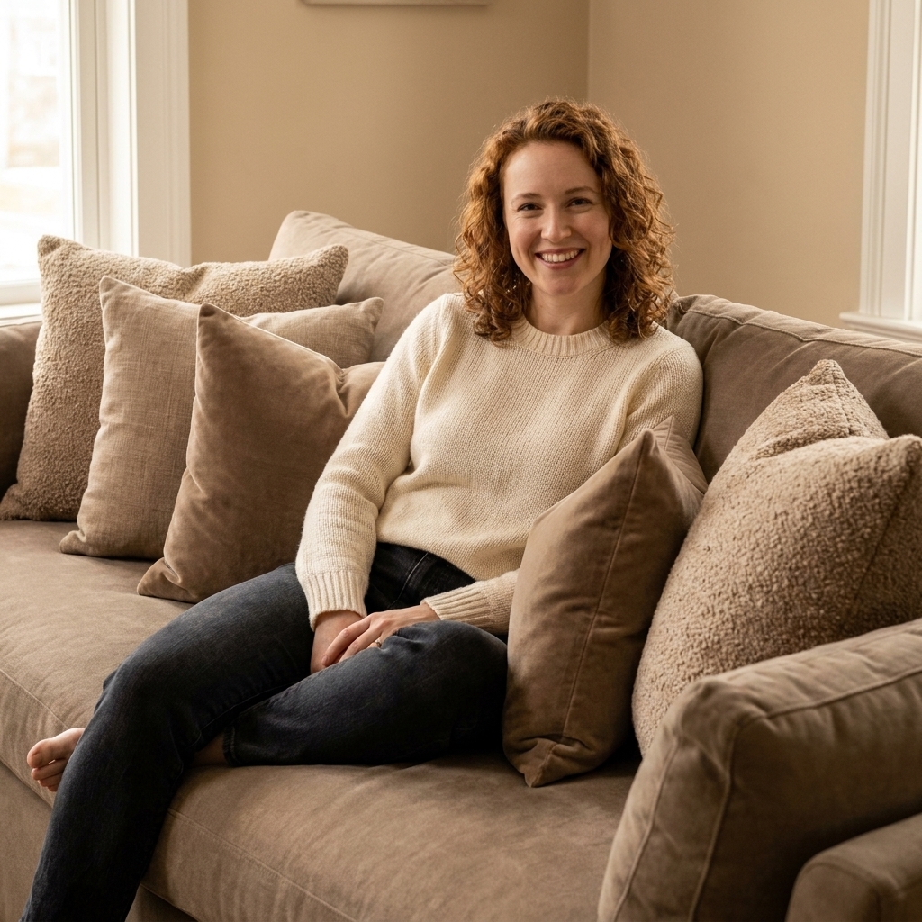 A sofa styled with monochrome throw pillows in the same warm taupe color, featuring linen, velvet, and boucle textures.