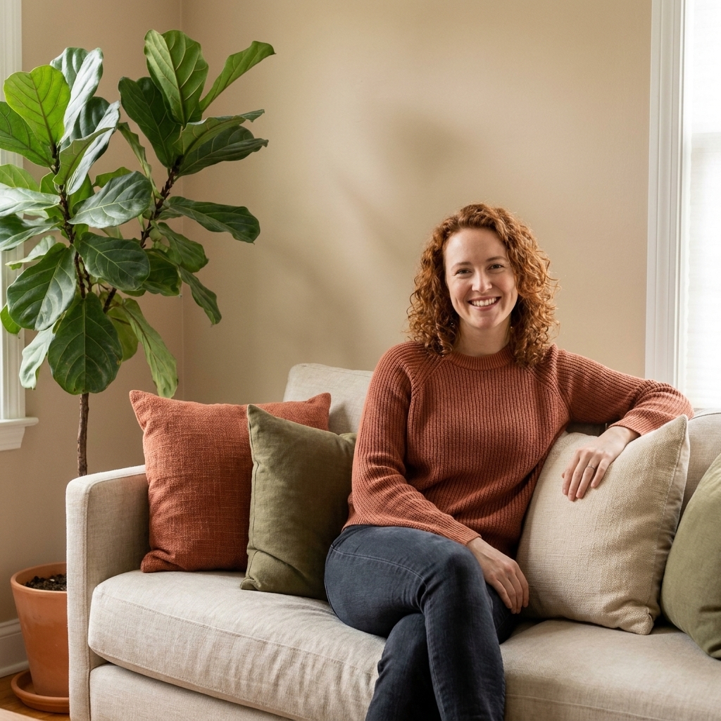 A sofa styled with terracotta and olive throw pillows paired with creamy neutral pillows, with a leafy houseplant nearby.